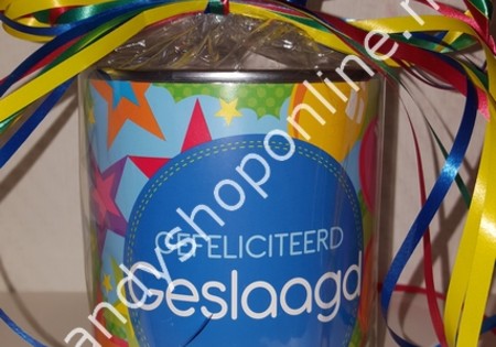 Blik Gefeliciteerd Geslaagd 500gr.