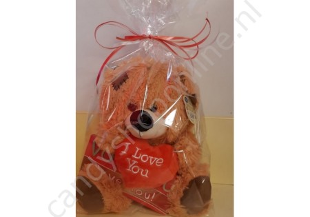 Pluche Beer Bruin met Hart 27 cm. met Chocolade Tablet Love You